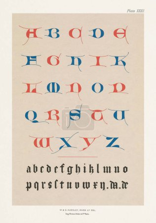 Foto de Alfabeto ornamentado medieval en colores azul y rojo - Imagen libre de derechos