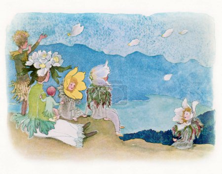 Téléchargez les photos : Illustration aquarelle numérique colorée de fées et d'elfes sur fond blanc texturé - en image libre de droit