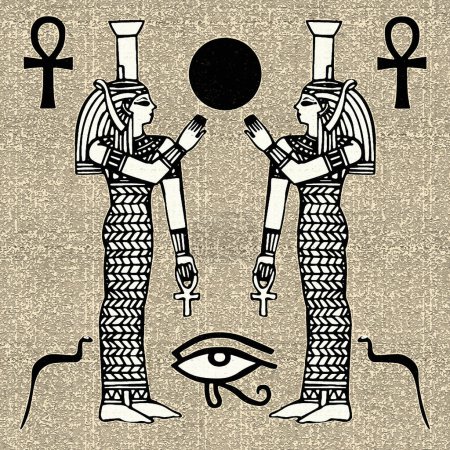 Téléchargez les photos : Motifs et symboles égyptiens, présentés dans des tons sépia, noir et jaune doré sur fond rustique texturé. L'œuvre est formatée dans une mise en page carrée - en image libre de droit