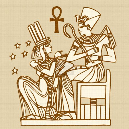 Téléchargez les photos : Motifs et symboles égyptiens, présentés dans des tons sépia, noir et jaune doré sur fond rustique texturé. L'œuvre est formatée dans une mise en page carrée - en image libre de droit