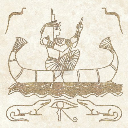 Photo for Egyptian motifs and symbols, presented in sepia, black, and golden yellow hues against a textured rustic backdrop. The artwork is formatted in a square layout - Royalty Free Image