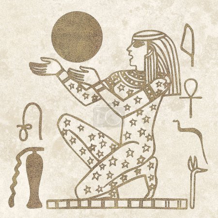 Photo for Egyptian motifs and symbols, presented in sepia, black, and golden yellow hues against a textured rustic backdrop. The artwork is formatted in a square layout - Royalty Free Image