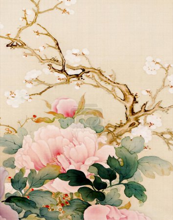 Design floral oriental exquis. C'est une illustration numérique réalisée dans des tons pastel doux, avec un fond textile texturé, le tout dans le style élégant de l'Orient.