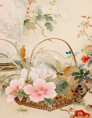 Exquisito diseño floral oriental. Es una ilustración digital realizada en tonos pastel suaves, con un fondo textil texturizado, todo en el elegante estilo de Oriente.