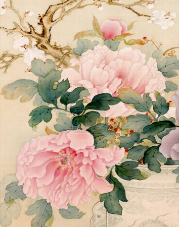 Exquisito diseño floral oriental. Es una ilustración digital realizada en tonos pastel suaves, con un fondo textil texturizado, todo en el elegante estilo de Oriente.