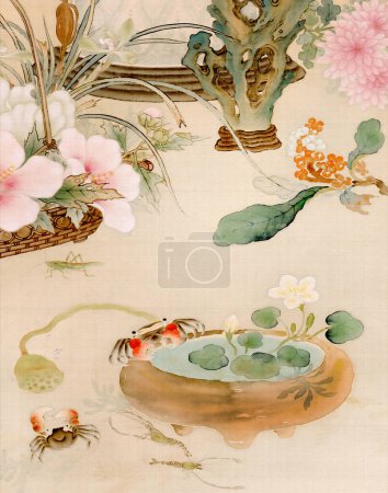 Belle conception florale orientale avec de charmants crabes et un homard. Cette illustration réalisée numériquement présente des tons pastel doux avec un fond textile texturé, le tout dans le style élégant de l'Orient.