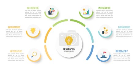 Semi circular infographic business template or element as vector including 6 connected step, process with colorful label, icons on white background for slide, presentation, simple modern minimal style