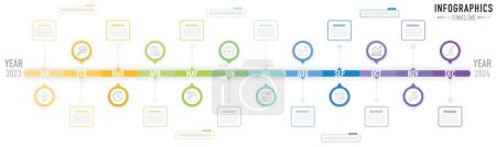 Timeline mind map infographic template or element with 12 months, step, process, option from 2023 to 2024, colorful circle, pin, tag, rectangle, journey, navigation for planner, sale slide, calendar