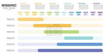 Línea de tiempo del gráfico de Gantt Plantilla o elemento infográfico de 12 meses con 6 pasos, proceso, opción, proyecto, barra colorida, rectángulo para la diapositiva de la venta, planificador, horario, diagrama de flujo, flujo de trabajo, horario, web
