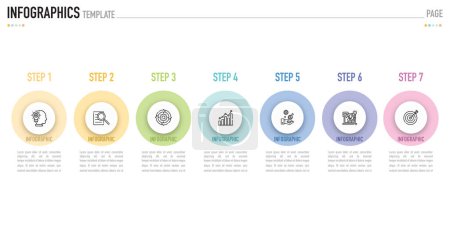 Circular infographic template or element with 7 step, process, option, colorful 3D circle, tag, button, label, icons, row, bar, funnel, fishbone, tree diagram for sale slide, web, flowchart