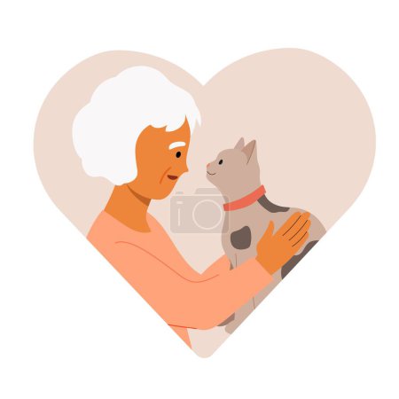 Ilustración de Una anciana abrazando a su gato. concepto de amistad humana animal. Ilustración vectorial en forma de corazón. - Imagen libre de derechos
