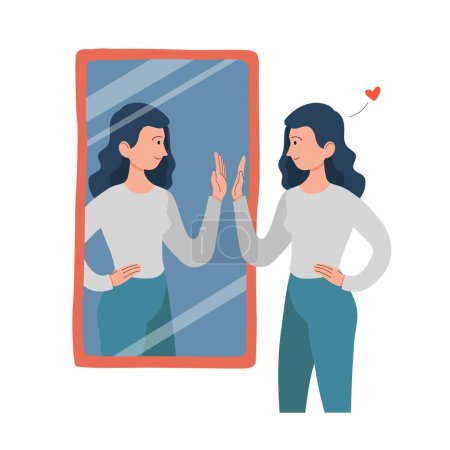 Woman or girl looks in the mirror and pleased with herself. Self love and happiness concept. The woman gives the reflection a high five.