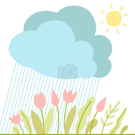 Téléchargez les illustrations : Tulipes sous la pluie. Nuage et soleil - en licence libre de droit