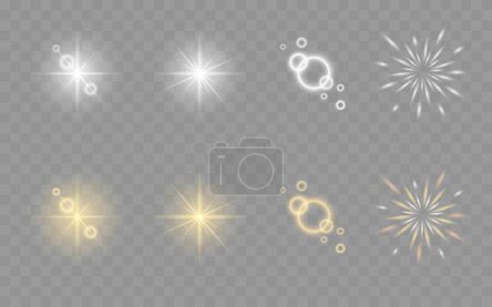 Illustration for Set of the light, spotlight, starlight elements. Glow isolated white and gold transparent light effect set, explosion, line, sun flash, spark and stars, shiny glints, sunbeams. Vector illustration - Royalty Free Image