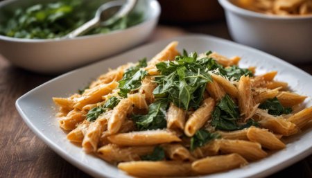 A plate of pasta with spinach and cheese on top