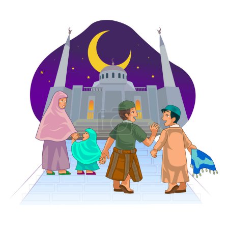 Illustration for Muslim go to mosque to do taraweeh during Ramadan. Suitable to use as Social Media Content, Greeting Cards, Landing Page, UI, Poster and Mobile Apps. Vector Illustration - Royalty Free Image