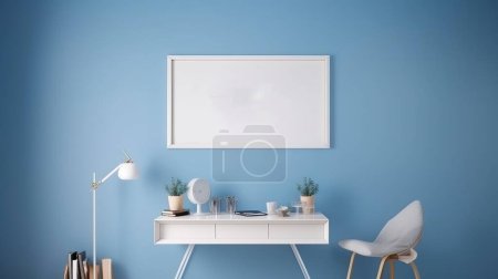 Téléchargez les photos : Salon minimal de couleur bleue, un rectangle cadre photo mur maquette accroché sur le mur bleu, chaises, et une table avec pantalon sur un fond bleu, et le design intérieur salon bleu foncé et blanc - en image libre de droit