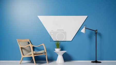 Téléchargez les photos : Mur bleu minimal de salon, un mur de maquette de triangle de cadre d'affiche accroché au mur bleu, une chaise, et une table avec un pantalon et une lampe devant un fond bleu, design intérieur bleu foncé et - en image libre de droit