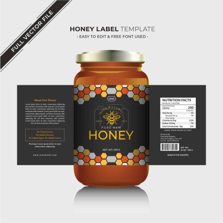 Raw honey design and natural pure honey bee label with vector new honey jar label product sticker design creative and  modern packaging gold honey and black label organic honey food custom design label full vector print ready file new idea honey tag.