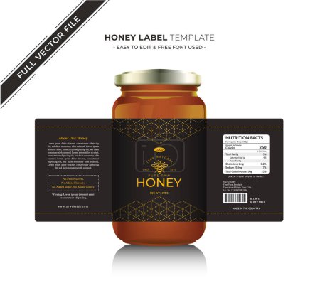 Honey label design and honey design natural pure honey bee label with vector new honey jar label product sticker design creative and modern packaging gold honey black label organic honey food custom design label full vector print ready file honey tag