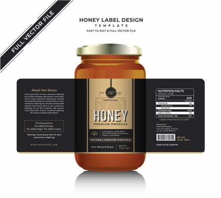Diseño de etiquetas de miel y etiqueta de tarro de miel vector de abeja pura natural nuevo frasco de miel etiqueta de botella diseño de etiqueta de producto creativo y moderno embalaje de oro miel etiqueta negra etiqueta de alimentos ecológicos miel etiqueta.