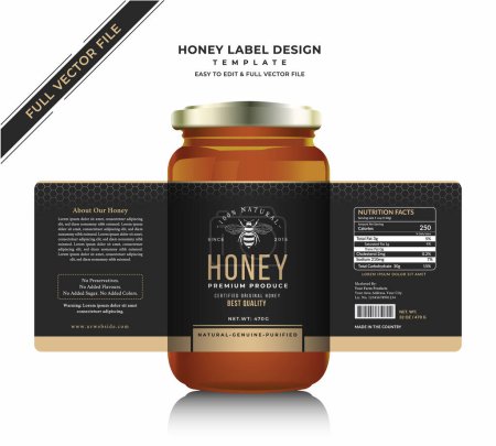 Ilustración de Diseño de etiquetas de miel y etiqueta de tarro de miel vector de abeja pura natural nuevo tarro de miel etiqueta de botella diseño de etiqueta de producto embalaje creativo y moderno etiqueta de miel de oro etiqueta negra etiqueta de alimentos de miel ecológica etiqueta de regalo dulce etiqueta de miel de grado puro. - Imagen libre de derechos