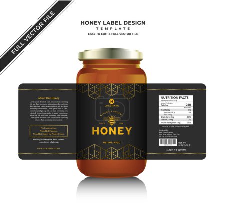Honig Etikett Aufkleber Banner Design mit Honig Design natürliche Biene Honigglas Flasche Aufkleber kreative Produktverpackungsidee, weiß minimalHintergrund gesunde Bio-Lebensmittel Produkt schwarzes Etikett.