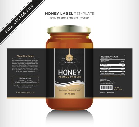 Illustration for Honey label sticker banner design with honey design natural bee honey glass jar bottle sticker creative product packaging idea, white minimal background healthy organic food product black label. - Royalty Free Image
