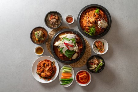 Korean food dish Steamed pork spine seasoning soup Stir-fried Octopus