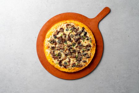 Photo for Pizza, bulgogi, pizza, pastry, bacon, cheese crust, cheese, sweet potato, cheddar cheese - Royalty Free Image