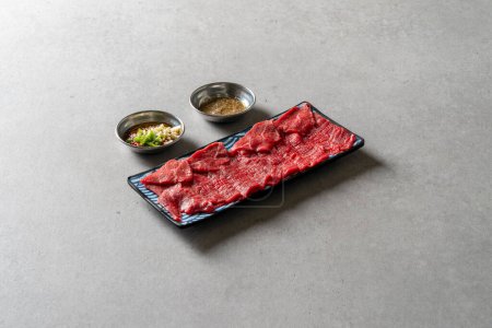 Photo for Beef sashimi, yukhoe, korean food, food, beef, sashimi, yukhoe, hamburger steak, cheese hamburger steak, cheese - Royalty Free Image