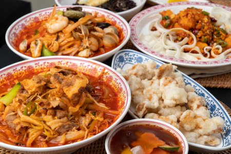 Chinese food, Chinese food, black bean sauce noodles with minced meat, beef mushroom, sweet and sour pork, Chinese shrimp, shrimp, deep-fried, pork in sweet ,rice ,black-bean-sauce noodles, seafood