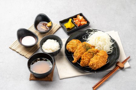Photo for Harekatsu, pork cutlet, shrimp cutlet, kimchi fried rice, kimchi, cheese katsu, udon, roskatsu, fish cutlet, side dish, sauce, cabbage, food, meal, dinner, dish, meat, rice, cooking, cuisine, pan - Royalty Free Image