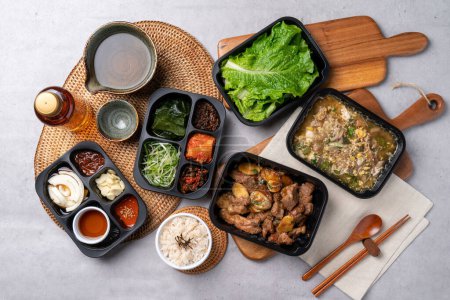Photo for Korean food, pork belly, grilled, galbi, seasoning, galbitang, side dishes, food, dinner, meal, restaurant, meat, vegetable, dish, delicious, cuisine, plate, healthy, lunch, gourmet, buffet, - Royalty Free Image