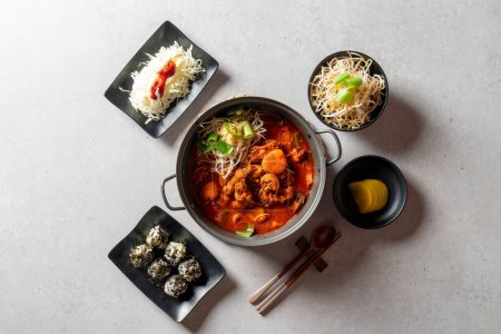Geschmorte scharfe Hühnersuppe, koreanisches Essen, Suppe, Hühnerfüße, Hühnereintopf, Braten, Schweinefleisch, Knorpel