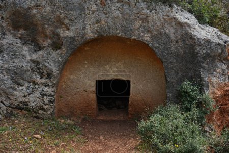 Photo for One of the burial caves near the ancient settlement of Hurvat Hermesh. Mount Carmel, Israel - Royalty Free Image