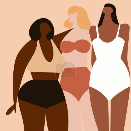 Photo for Bodypositive and multiracial women dressed in swimwear isolated on beige. vector illustration. - Royalty Free Image