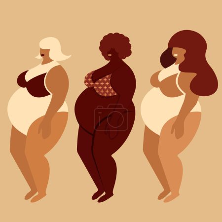 Photo for Bodypositive and multiracial women dressed in swimwear isolated on beige. vector illustration. - Royalty Free Image