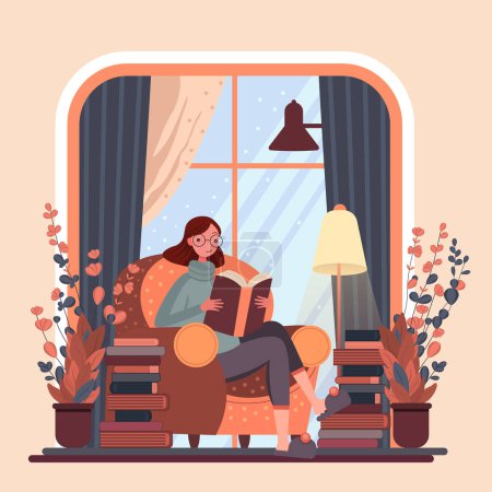 Photo for Woman with iterature in hands. reading book, sitting on sofa. Reading hobby. Flat vector illustration. - Royalty Free Image
