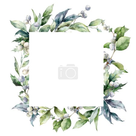 Photo for Watercolor Christmas frame of white snowberry branch. Hand painted winter plant of berries and leaves isolated on white background. Illustration for design, print, fabric or background - Royalty Free Image