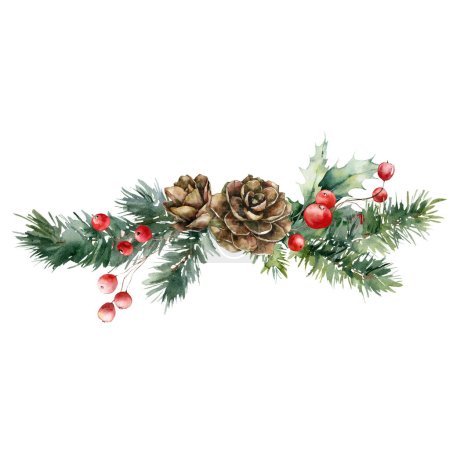 Téléchargez les photos : Bouquet de Noël aquarelle de cône de pin, baies rouges, branches et feuilles. Composition de vacances peinte à la main de plantes isolées sur fond blanc. Illustration pour la conception, l'impression, le fond - en image libre de droit