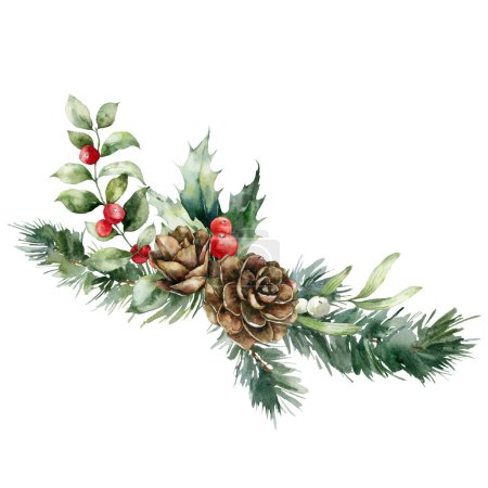 Foto de Acuarela Ramo de Navidad de cono de pino, acebo, bayas rojas, ramas y hojas. Composición festiva pintada a mano de plantas aisladas sobre fondo blanco. Ilustración para diseño, impresión, fondo - Imagen libre de derechos