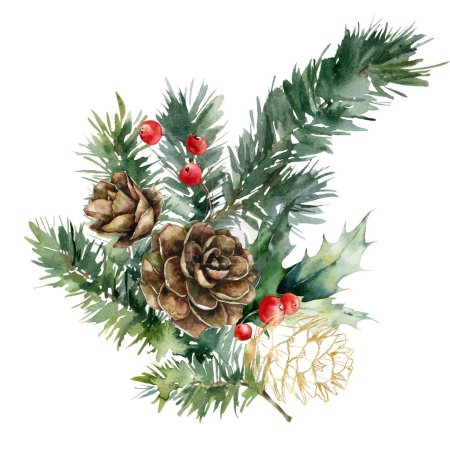 Téléchargez les photos : Bouquet de Noël aquarelle de cône de pin doré, baies rouges et branches. Composition de vacances peinte à la main de plantes isolées sur fond blanc. Illustration pour la conception, l'impression, le fond - en image libre de droit