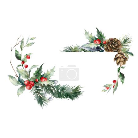 Foto de Acuarela Navidad marco horizontal de bayas rojas, cono de pino, rama seca y hojas. Tarjeta de vacaciones pintada a mano de plantas aisladas sobre fondo blanco. Ilustración para diseño, impresión o fondo - Imagen libre de derechos