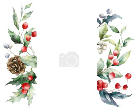 Foto de Acuarela marco de Navidad de bayas rojas, cono de pino, acebo y hojas. Tarjeta de vacaciones pintada a mano de plantas aisladas sobre fondo blanco. Ilustración para diseño, impresión, tela o fondo - Imagen libre de derechos