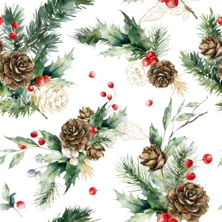 Téléchargez les photos : Aquarelle motif de Noël sans couture de cône de pin doré, branche, baies rouges et feuilles. Plantes de vacances peintes à la main isolées sur fond blanc. Illustration pour la conception, l'impression, le tissu, le fond - en image libre de droit