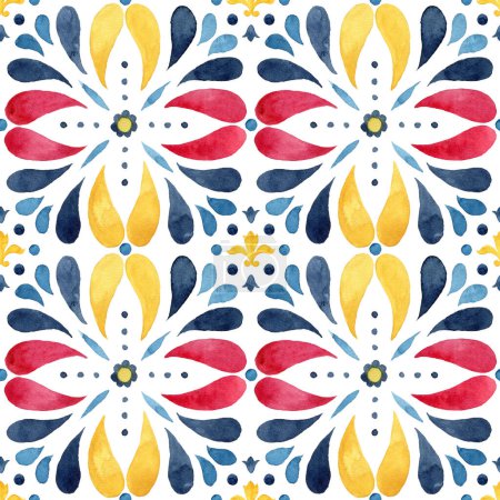 Watercolor vintage seamless pattern consisting of red, blue and yellow Mediterranean tiles and elements. Hand painted illustration isolation on white background for design, print or background