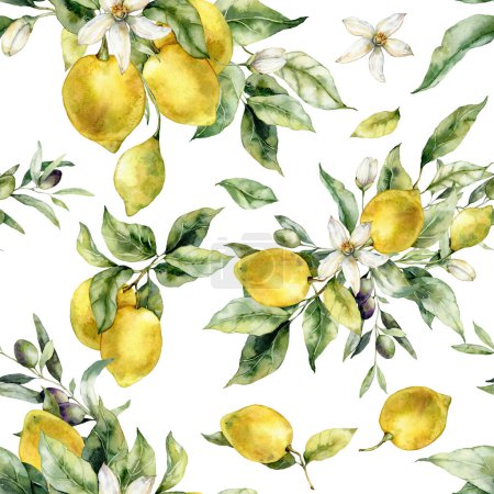 Aquarell tropischen nahtlosen Muster von reifen Zitronen, Blättern und Blumen. Handbemalter Fruchtzweig isoliert auf weißem Hintergrund. Leckere Essensillustration für Design, Druck, Stoff, Hintergrund