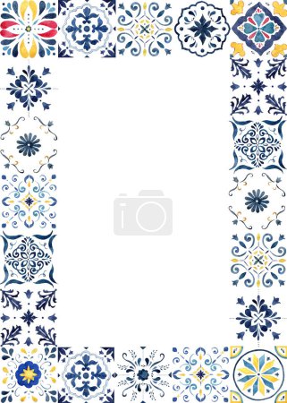 Téléchargez les photos : Aquarelle cadre classique composé d'éléments bleus, rouges et carreaux méditerranéens. Isolation d'illustration traditionnelle peinte à la main sur fond blanc pour la conception, l'impression, le tissu ou le fond - en image libre de droit