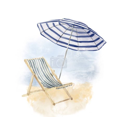 Téléchargez les photos : Composition plage aquarelle de chaise longue et parasol à rayures. Objets de vacances d'été dessinés à la main isolés sur fond blanc. Illustration tropicale pour design, impression, tissu ou fond - en image libre de droit